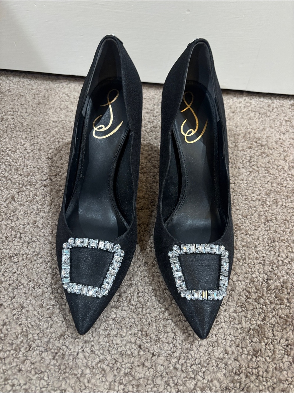 Women's Black Pointed Toe Pumps with Rhinestone Square Buckle